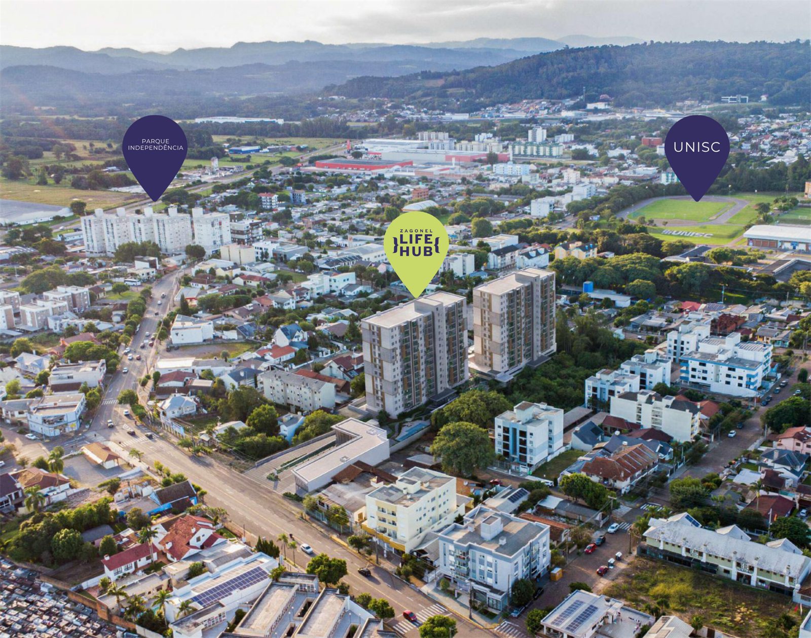 Mapa da localização do Zagonel Life Hub, com UNISC e Parque Independência marcados