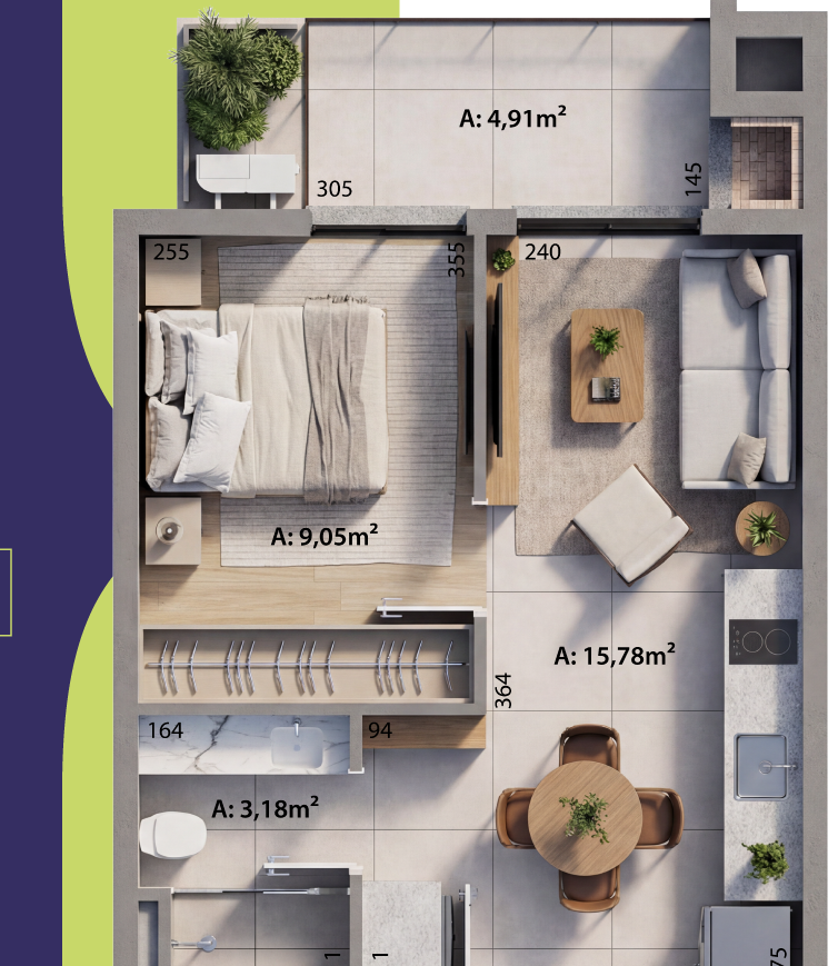 Planta do apartamento de 1 dormitório, 39,77 m²