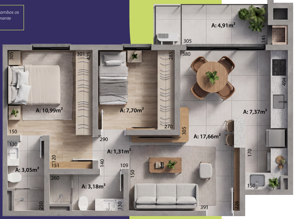 Planta do apartamento de 2 dormitórios com suíte, 67,57 m²